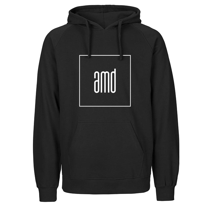Hoodie "AMD" Schwarz Herren made of 100% organic cotton with white "AMD" print on chest, eco-friendly and ethically produced.