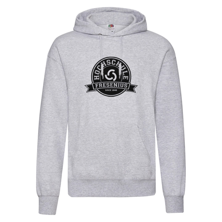 Hoodie “Hochschule Fresenius” Unisex sport heather with kangaroo pocket and printed logo on chest in dark gray